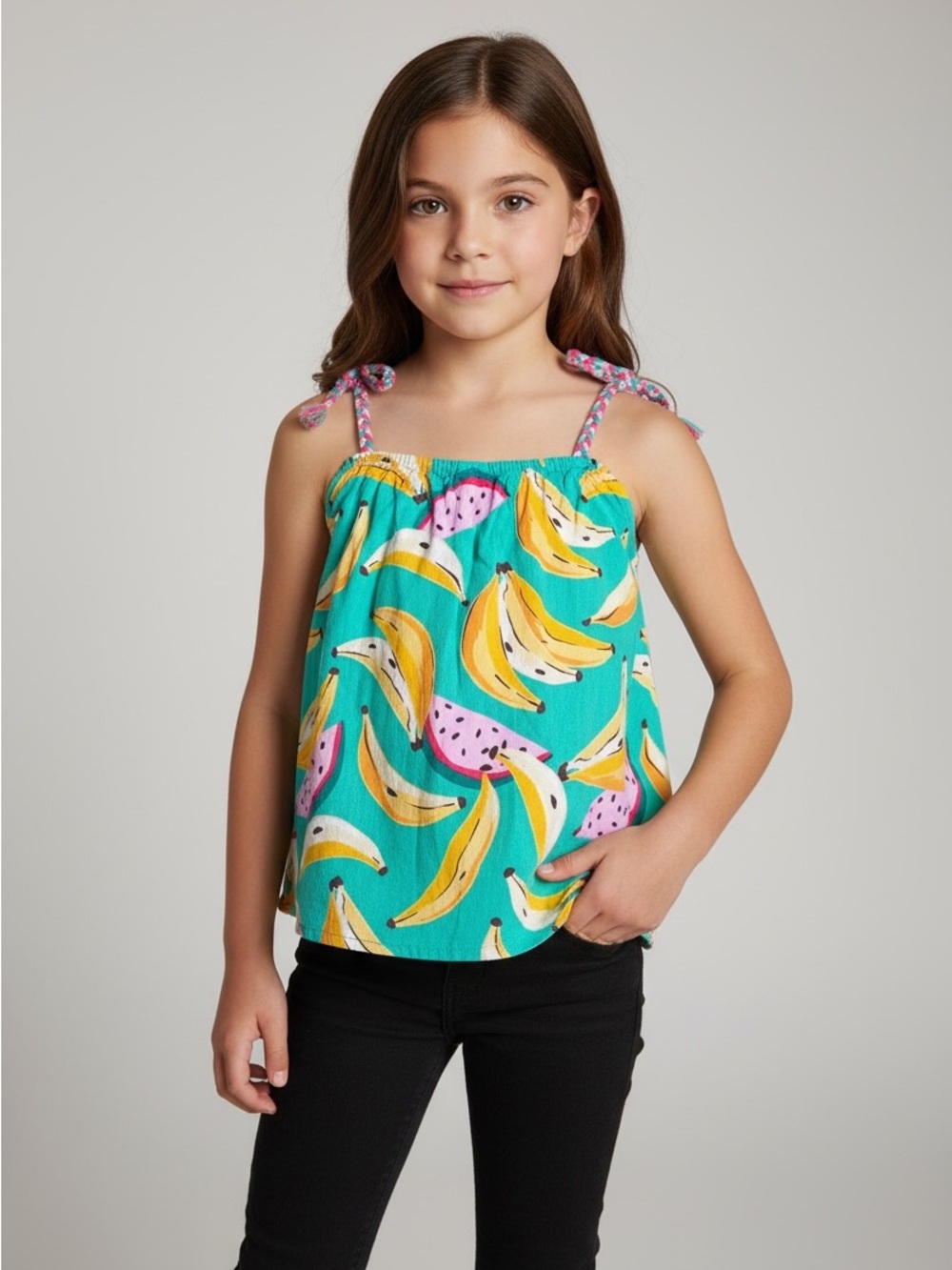 Old Navy Teal Banana & Pink Fruit Tie-Shoulder Tank Size 6/7